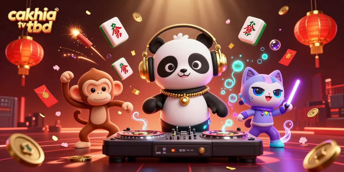 Experience thrilling play with Cakhia TV TTBD, as DJ Panda spins roulette wheels and lucky symbols surround.