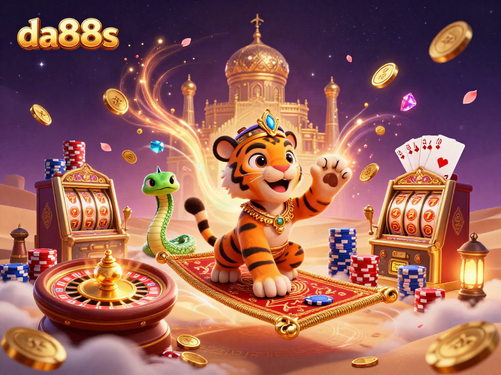 Experience the thrills of da88s with a vibrant casino scene showcasing a tiger sultan and cascading treasures.