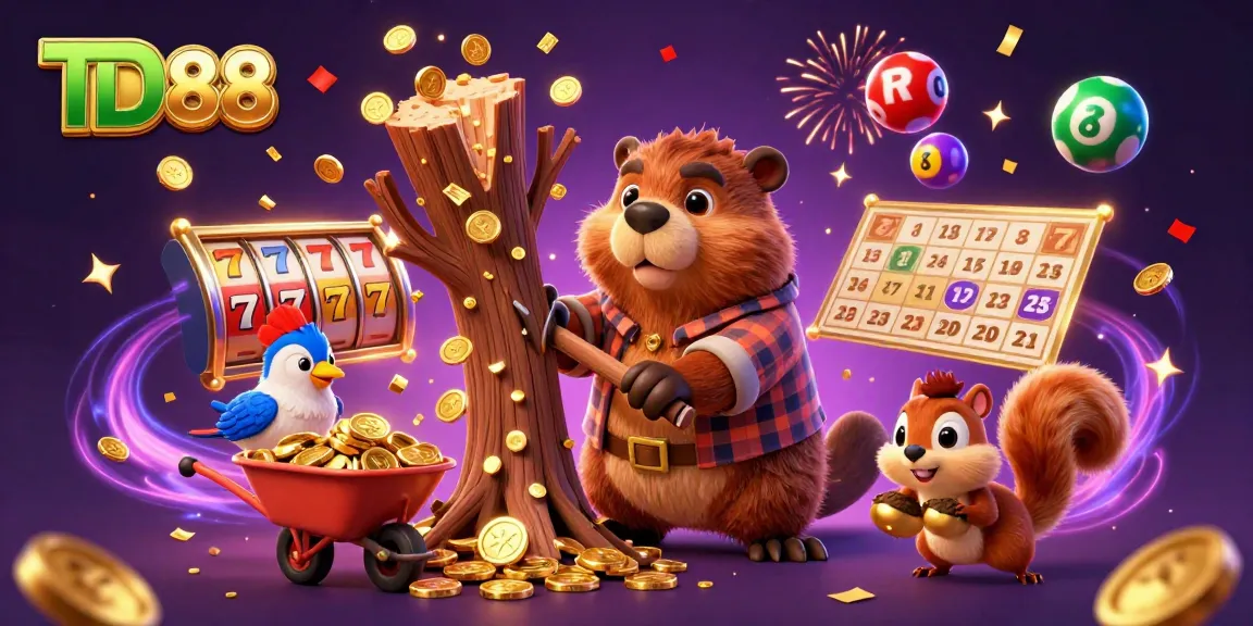 Win big with TD88 as a beaver celebrates by chopping trees for coins in dynamic casino scene.