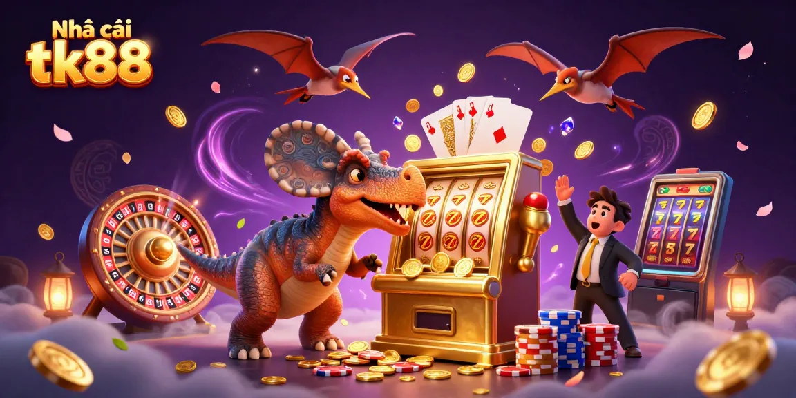 Engaging scene illustrating Nhà cái tk88 with a pachycephalosaurus winning a jackpot, while coins and cards fly around.