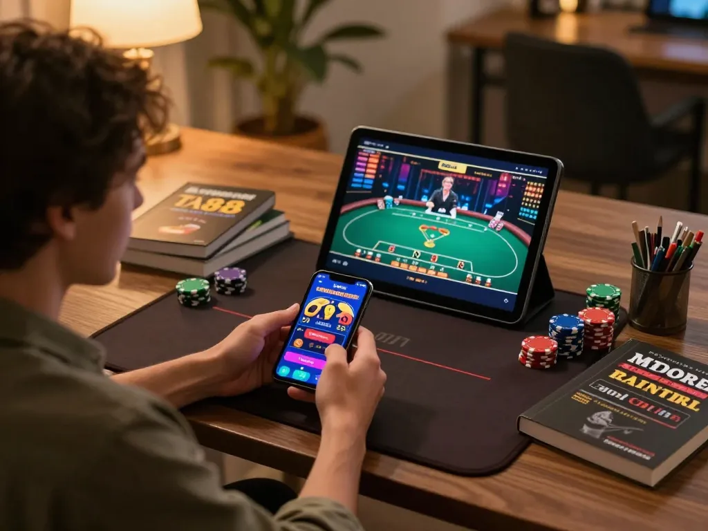 Engaged player using the TA88 app for online casino gaming in a cozy home office.