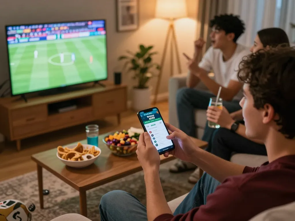 Engaged sports bettor using the Thể thao da88 app on smartphone while watching live match at home