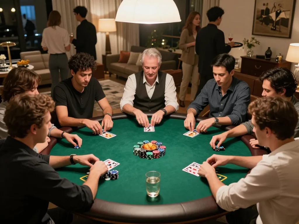 Engaging poker players at home during a debet game night with focused gameplay.