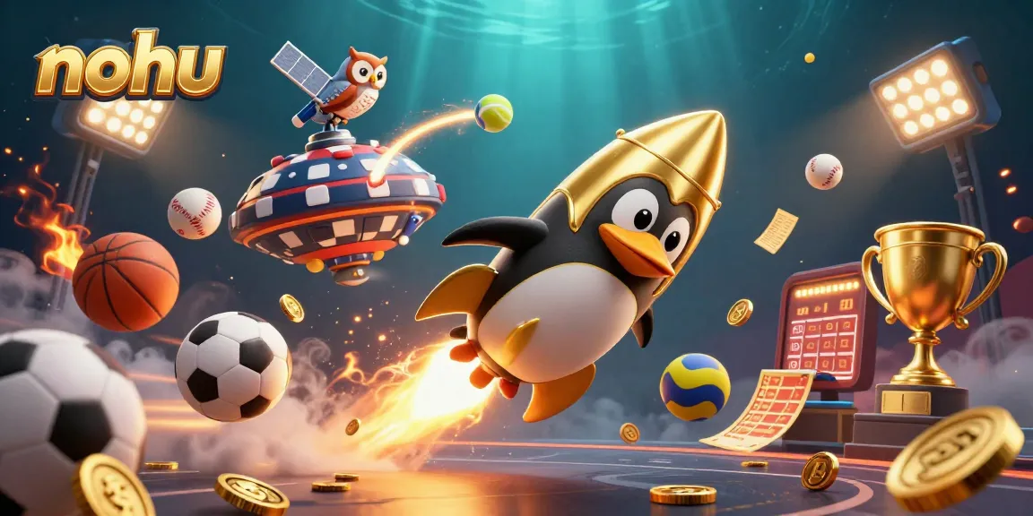 Nohu penguin spaceship blasts towards a casino, surrounded by dynamic sports elements and coins.
