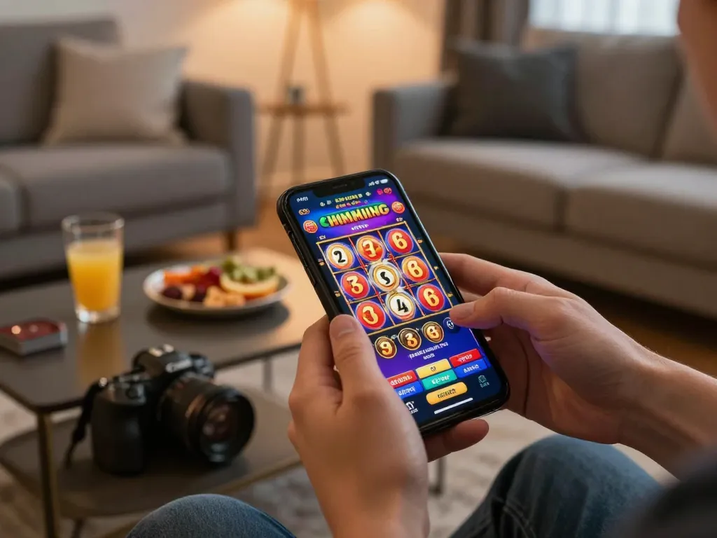 Engaging moment playing online pokies real money on a smartphone in a cozy living room.