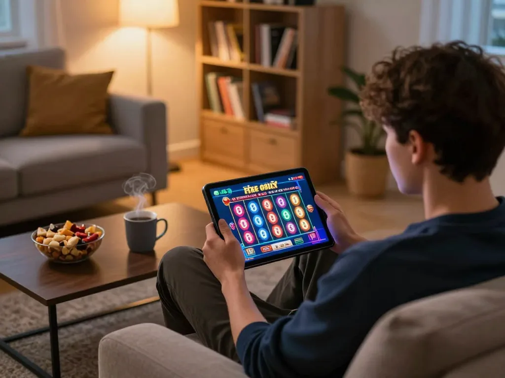 Engaged player enjoying free online pokies on tablet in cozy home setting with snacks and warm lighting.