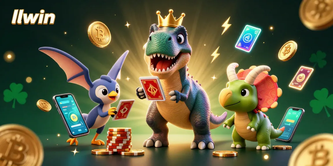 Experience the thrill of llwin casino with a vibrant 3D illustration of cartoon dinosaurs gaming.
