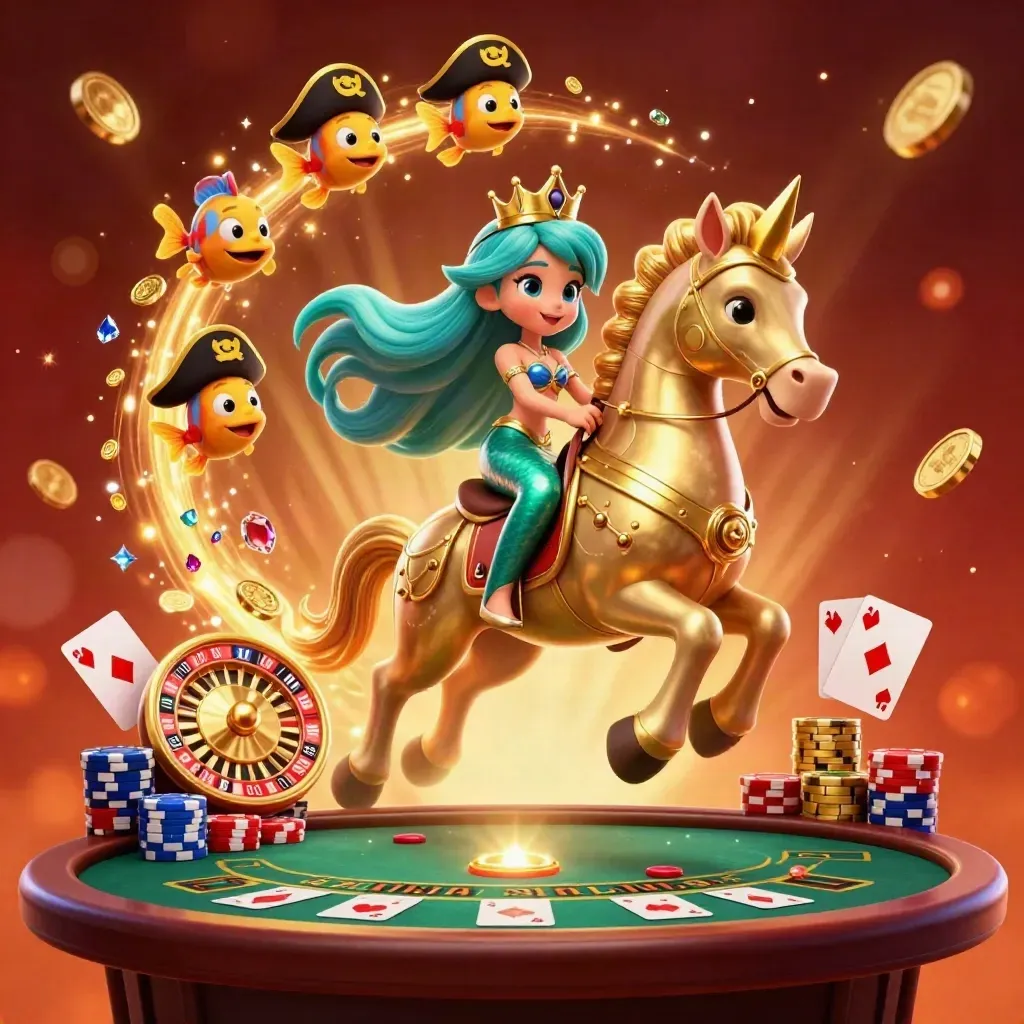 Merprins på sjöhäst med piratfiskar, guldmynt, roulette och kort i lyxig casinostil