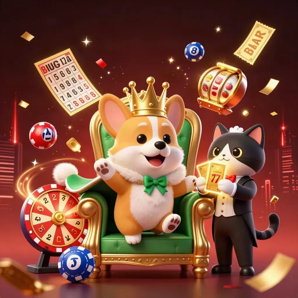 Kunglig corgi och kattbutler i casinoexplosion med konfetti, hjul och lysande kort