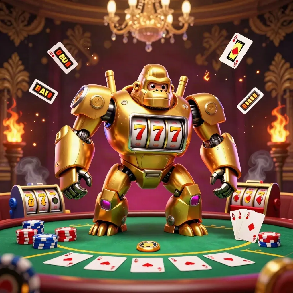 Gyllene gorillamek i slotstil med pokerbord, mynt, kort och neonmagisk casinoaction.
