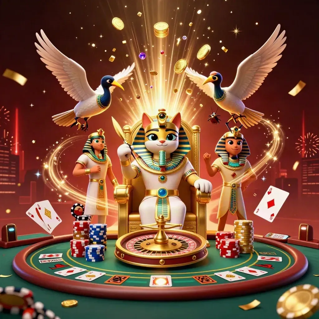 Egyptisk kattfarao, ibis-skrivare och juvelvingade skarabéer bland guldmynt, roulette och fyrverkerier