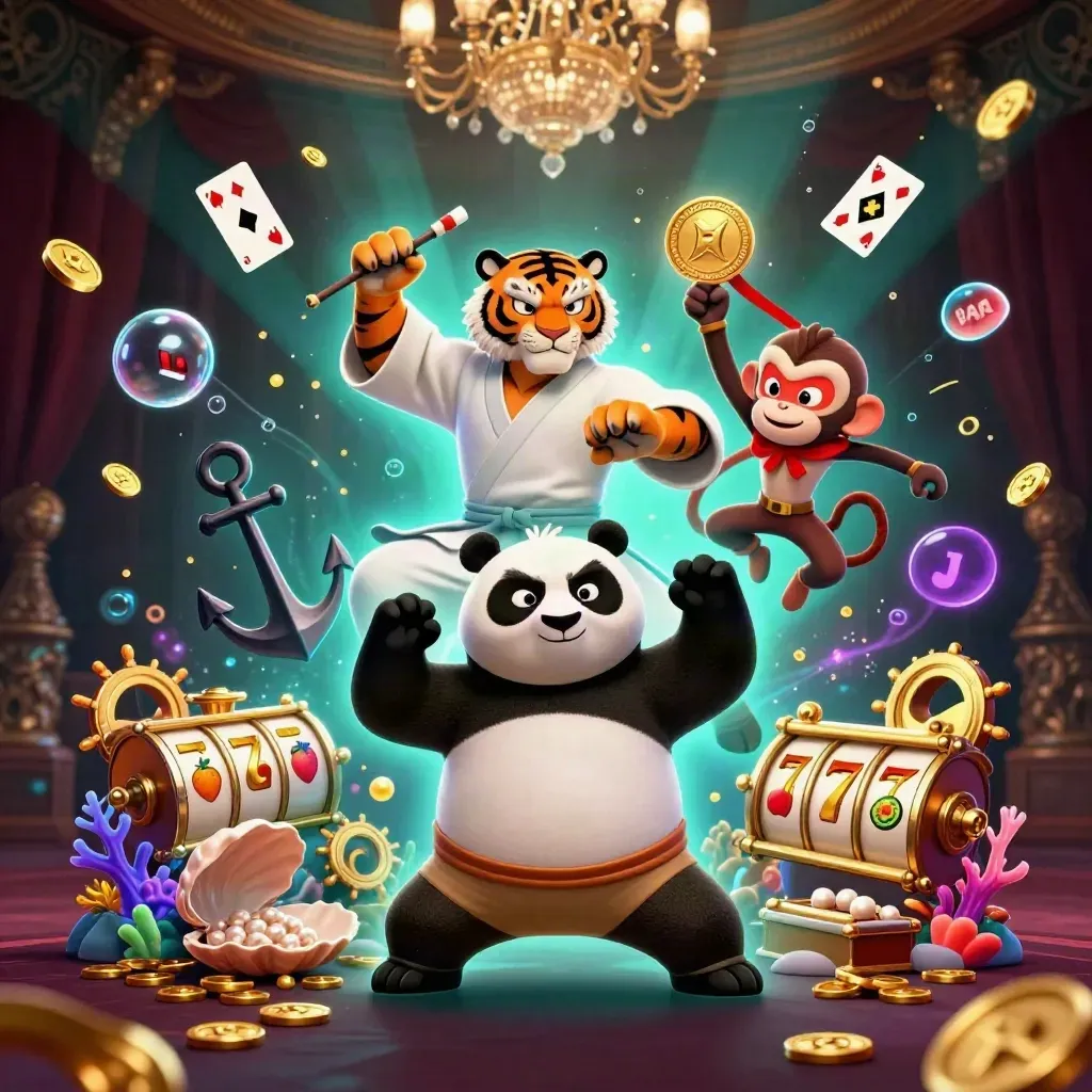 Kungfutiger, panda och apa i ett glödande undervattenscasino med guld och bubblor.