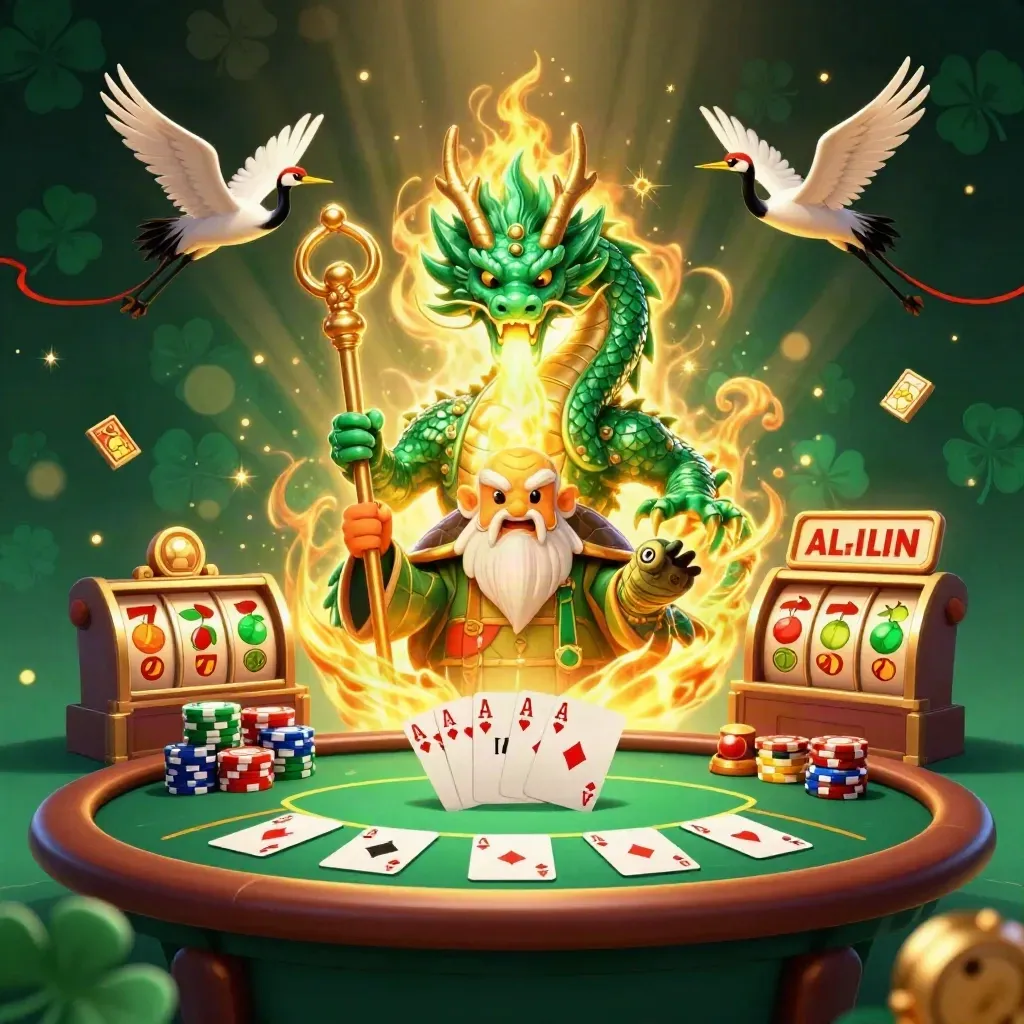 Jadegrön drake med sköldpadda och tranor bland pokerchips och slotreels i mörk casino-stil