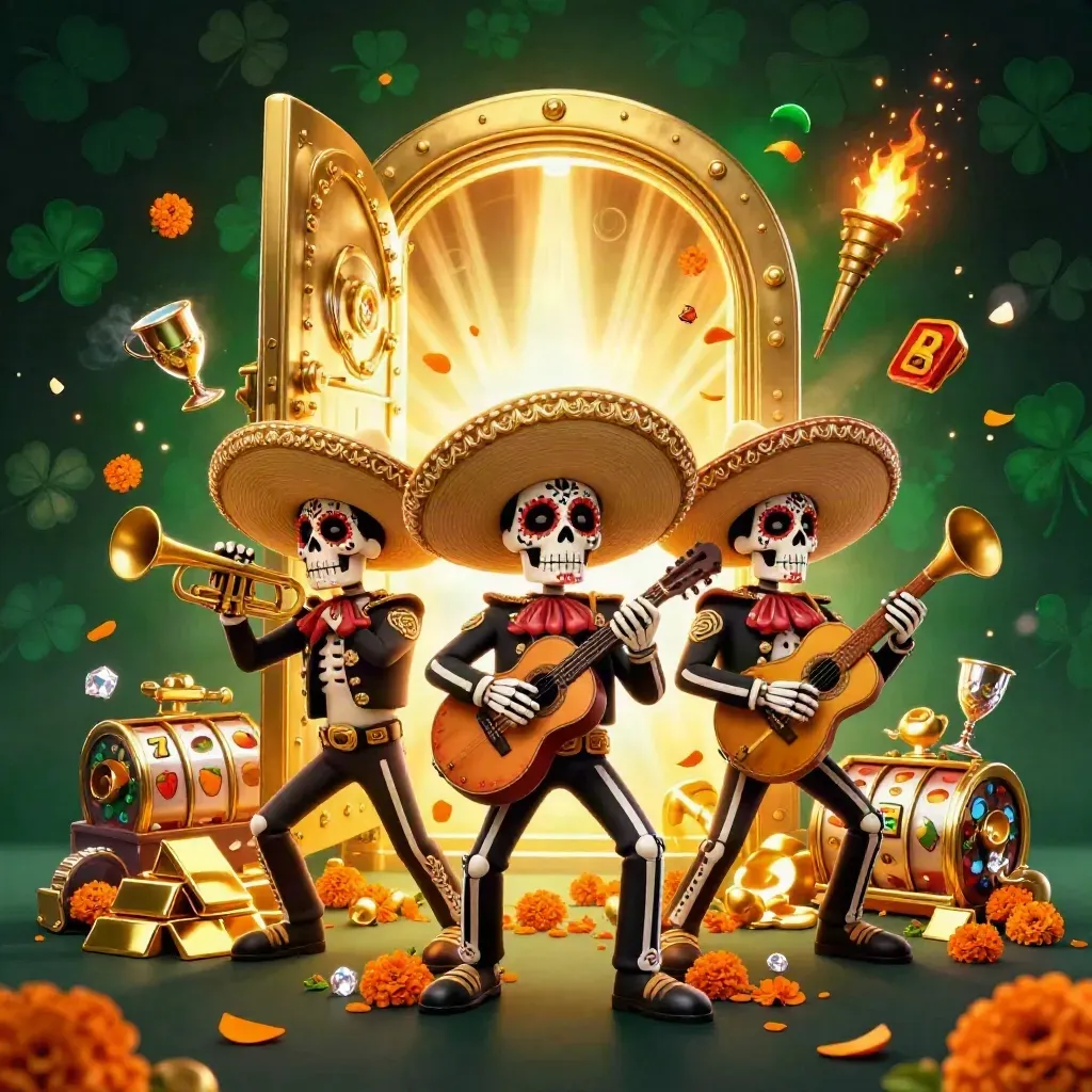 Tre skelettmariachi spelar bland guld, skattdörr och spelhjul i mörkgrön casinoatmosfär