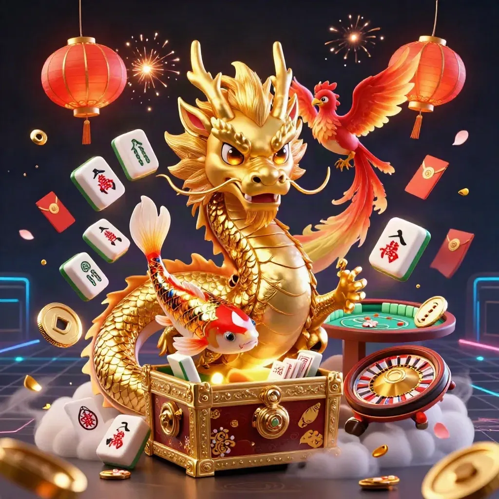 Gyllene drake runt skattkista med phoenix, koi och casinodetaljer i neon