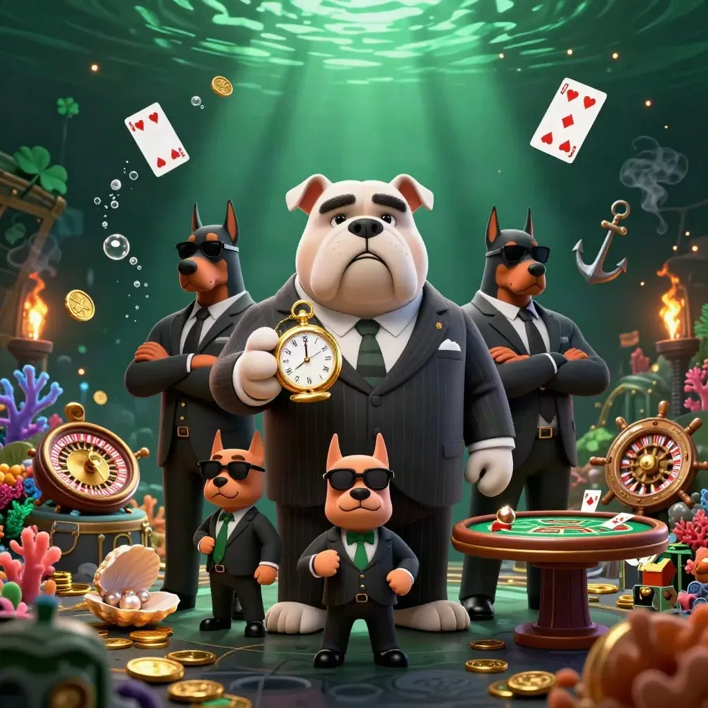 Maffig bulldog-maffiaboss med två dobermans, guldmynt, roulettehjul och undervattensskatt.