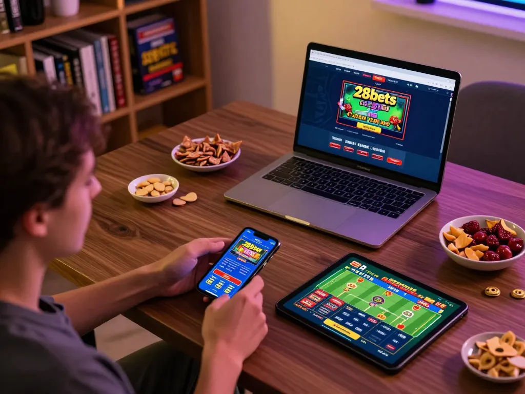 Engaging online gaming scene with 28bets casino setup, showcasing a laptop and smartphone in a cozy home ambiance.