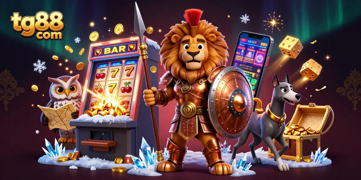 Play exciting games at tg88 com, showcasing action-packed cartoon characters and vibrant casino elements.