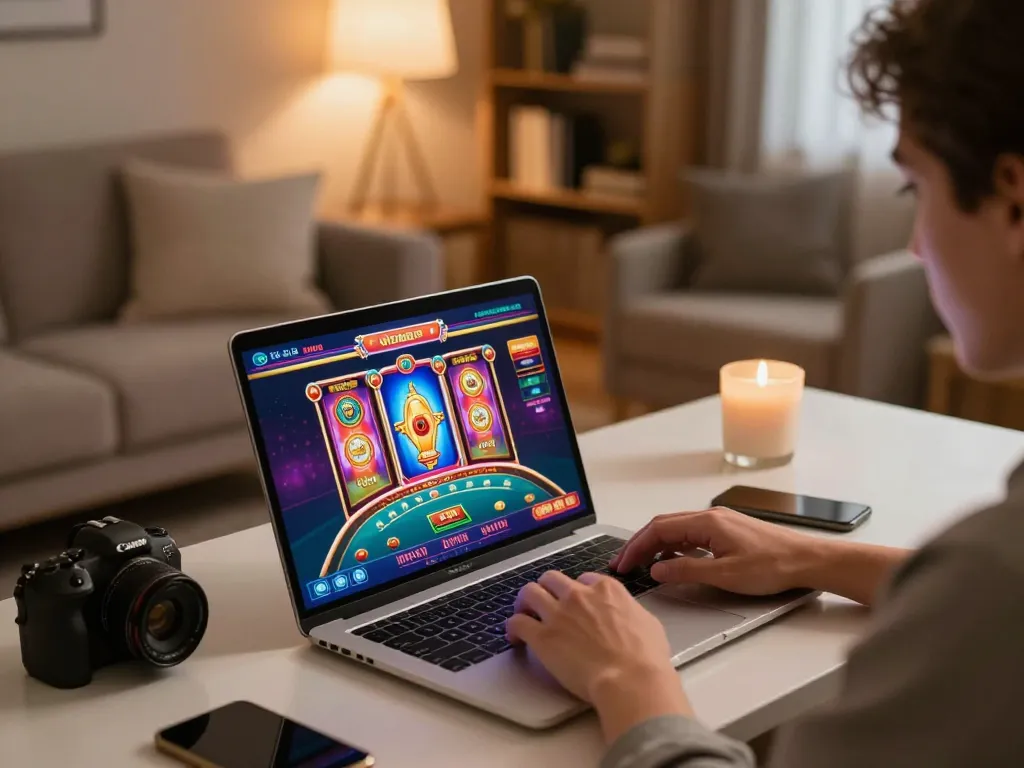 Engaged user playing at home on the nhà cái GA88 online platform with colorful casino graphics.