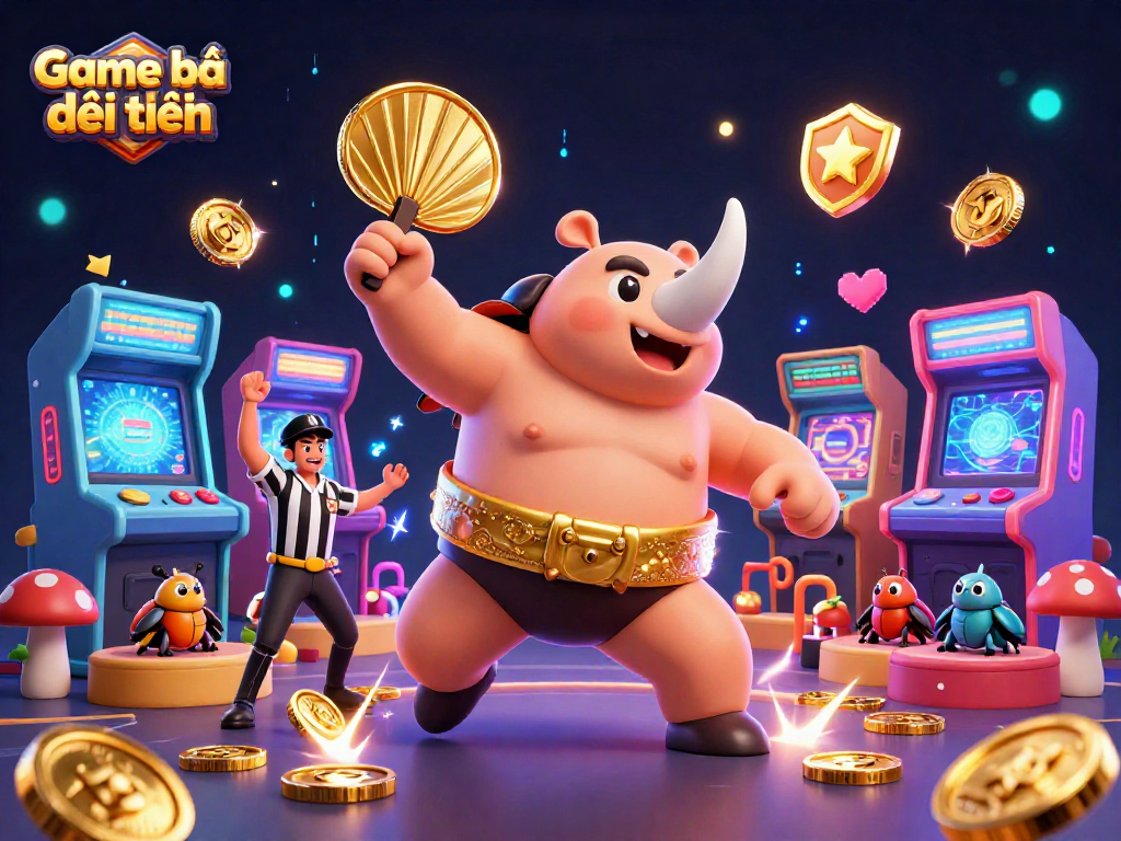 Experience the excitement of Game bài đổi thưởng with vibrant visuals of the sumo beetle champion and colorful arcade elements.