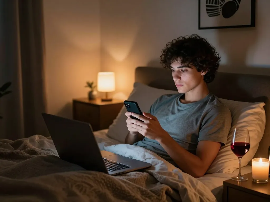 Sexting AI chat in a cozy bedroom with inviting atmosphere and modern decor.