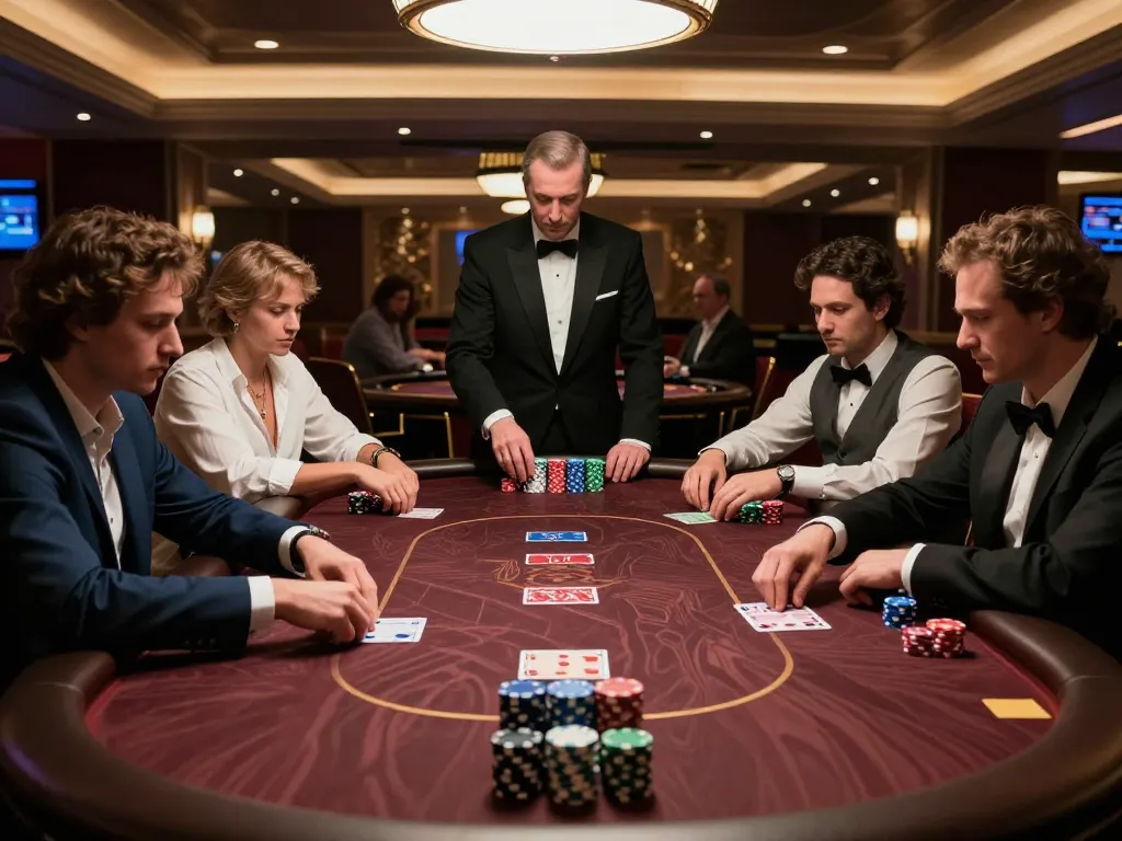 The thrilling atmosphere of a poker game at 11bet with players focused and chips stacked high