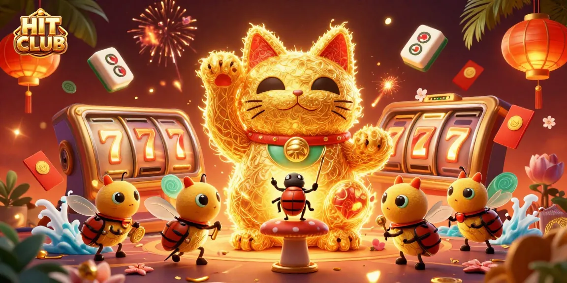 Experience vibrant gaming thrills at HIT CLUB with a dynamic lucky cat illustration attracting players.