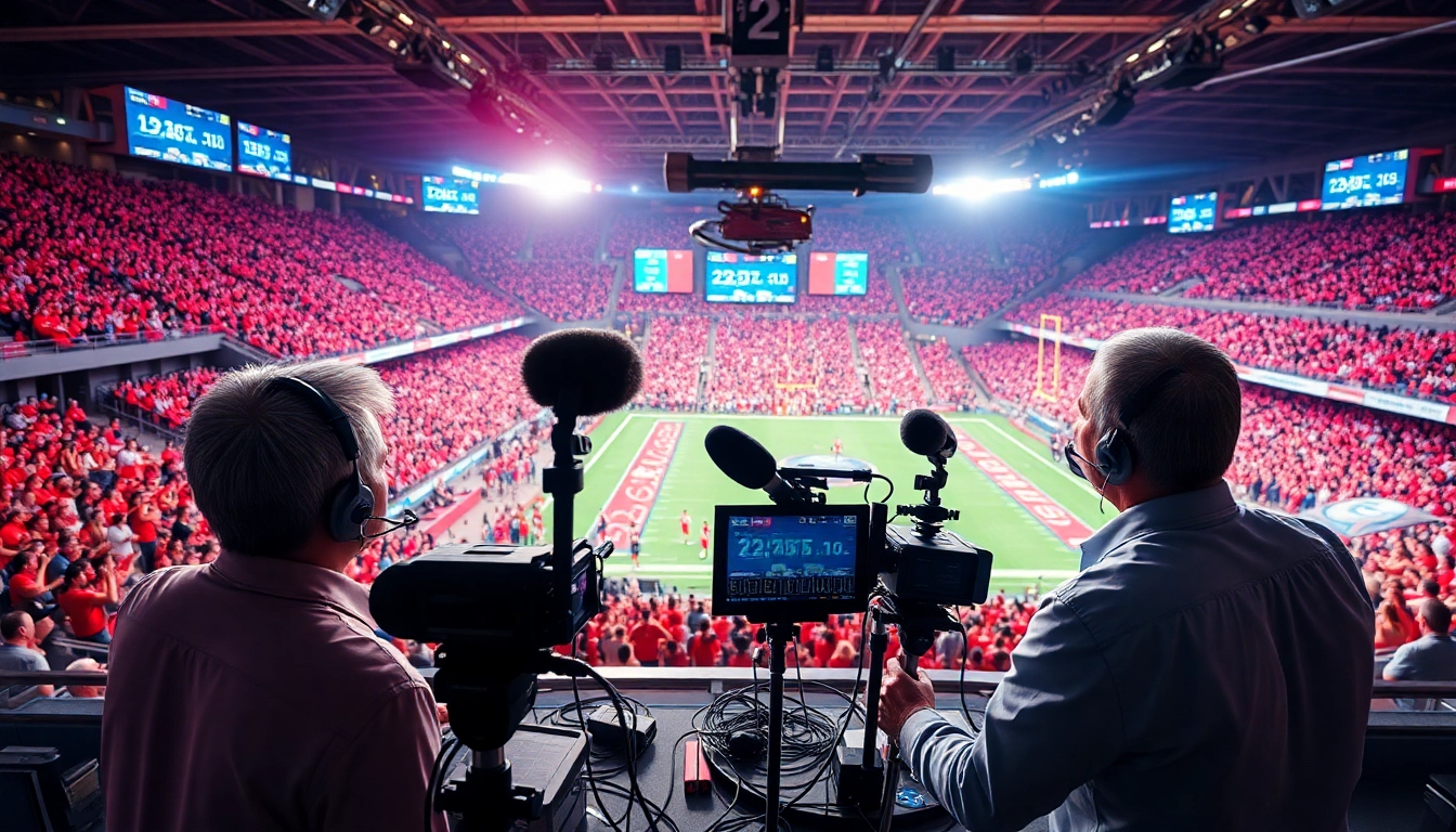 Dynamic sports broadcasting with enthusiastic crowd and broadcasters at a live event.