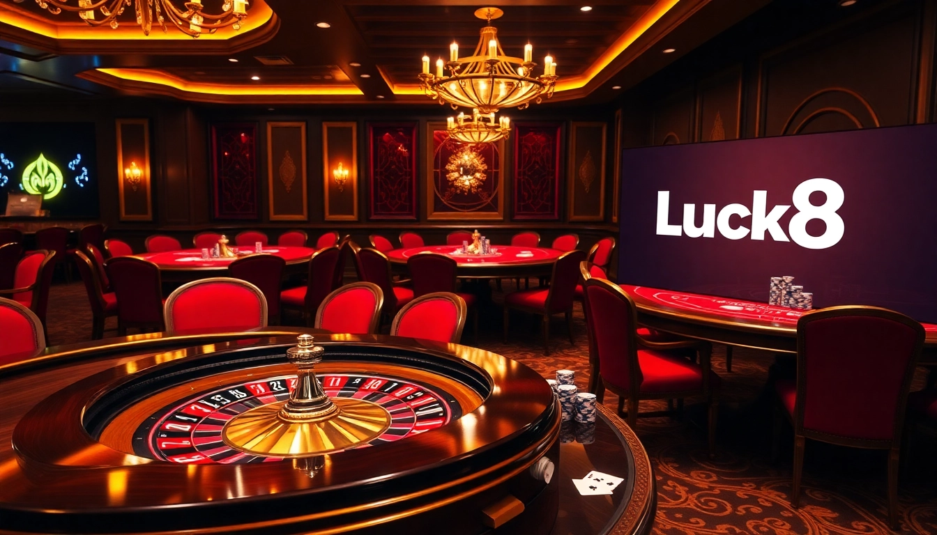 Experience excitement with Luck8 at luxurious casino tables filled with poker chips and cards.