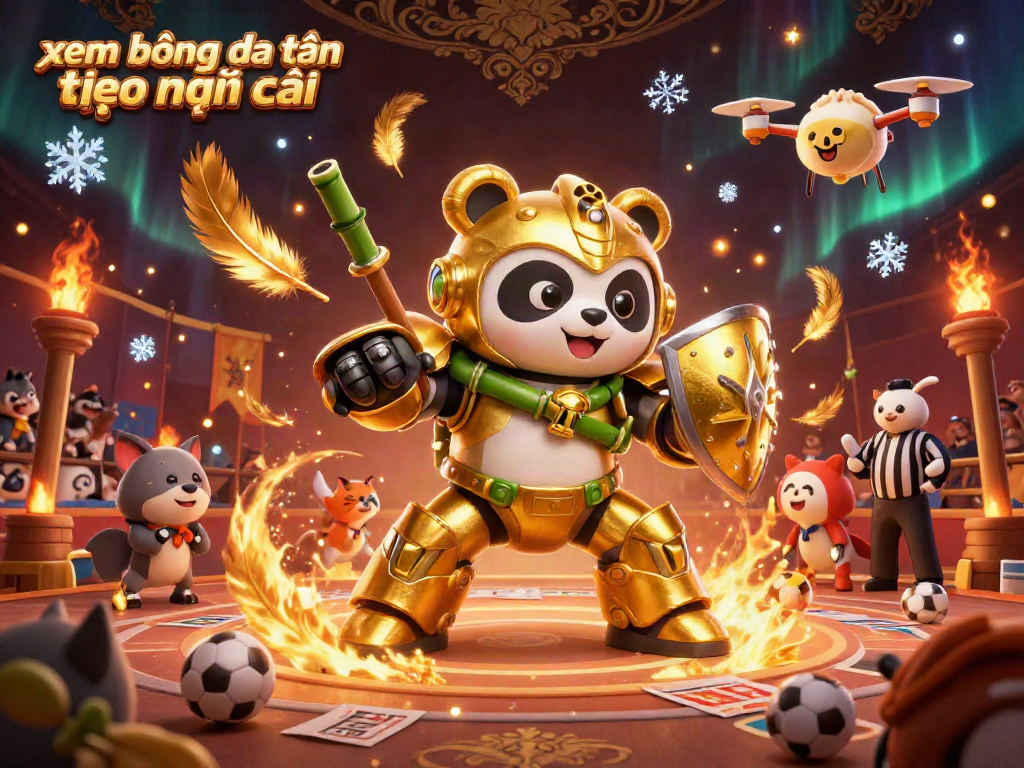xem bóng đá trực tuyến kèo nhà cái with mech-suit panda and sports betting elements in a vibrant arena.