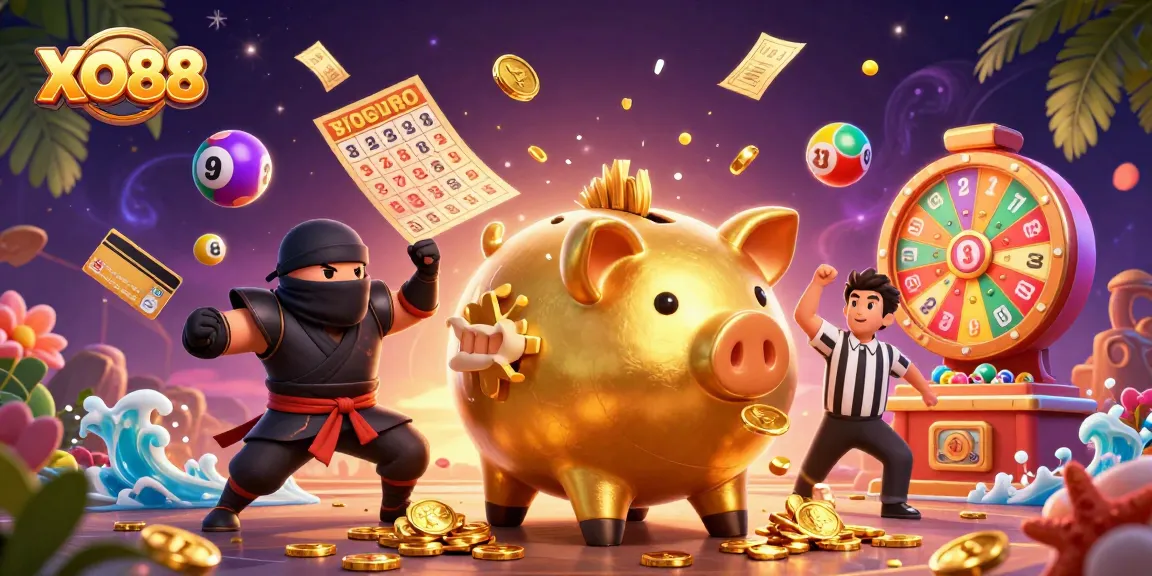 Experience the excitement of XO88 with a dynamic 3D illustration of gaming characters and lottery elements.