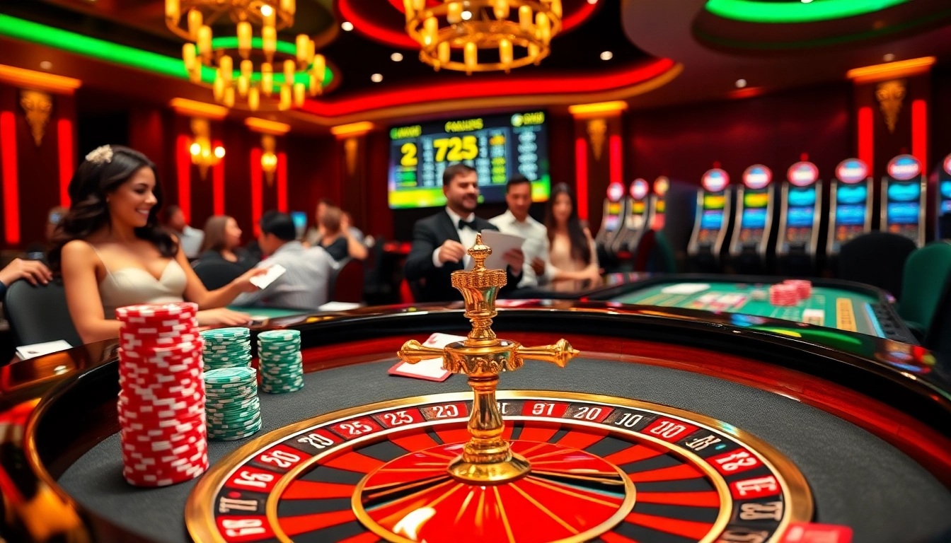A dynamic casino scene with players enjoying games at 78win Com, featuring roulette and poker elements.