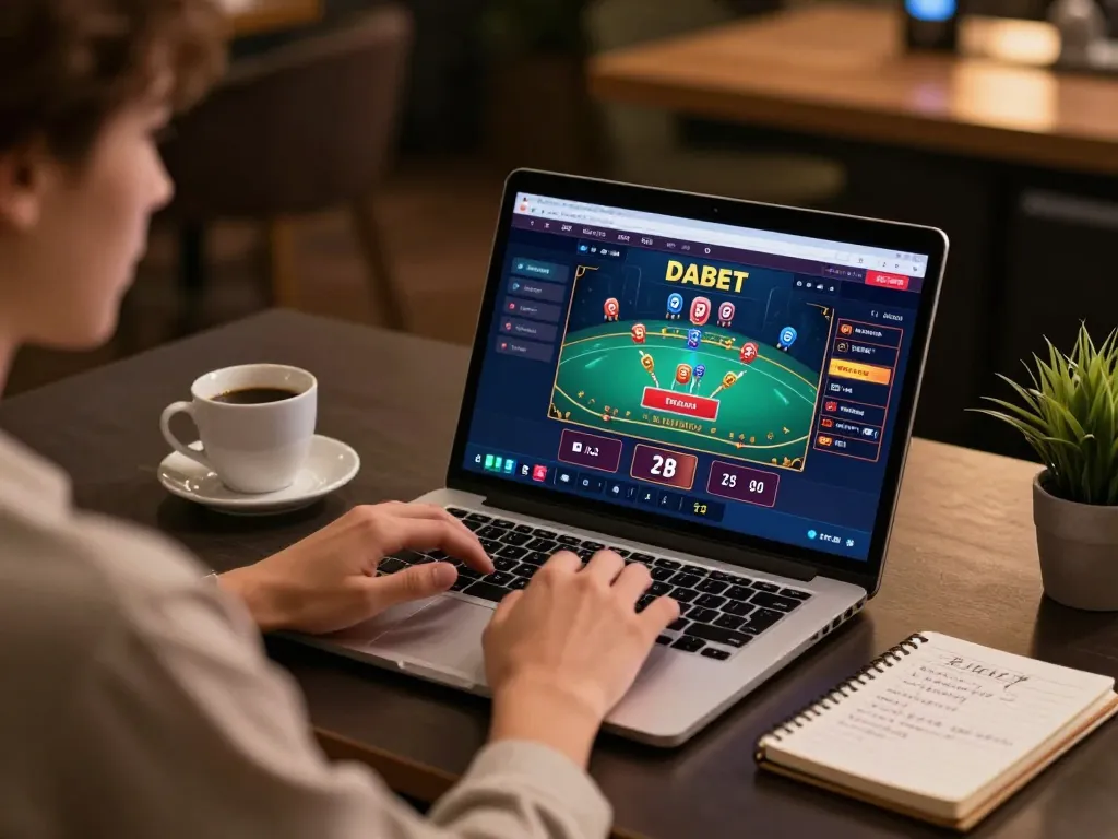 DABET online gaming interface displayed on a laptop with a focused player engaging in responsible gambling activities.