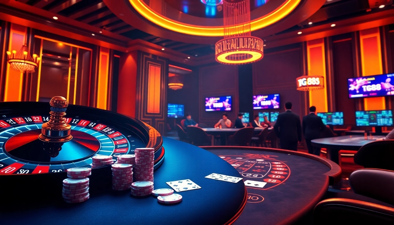 Experience the excitement at https://tg88link.com/ with vibrant casino elements like roulette wheels and poker chips.