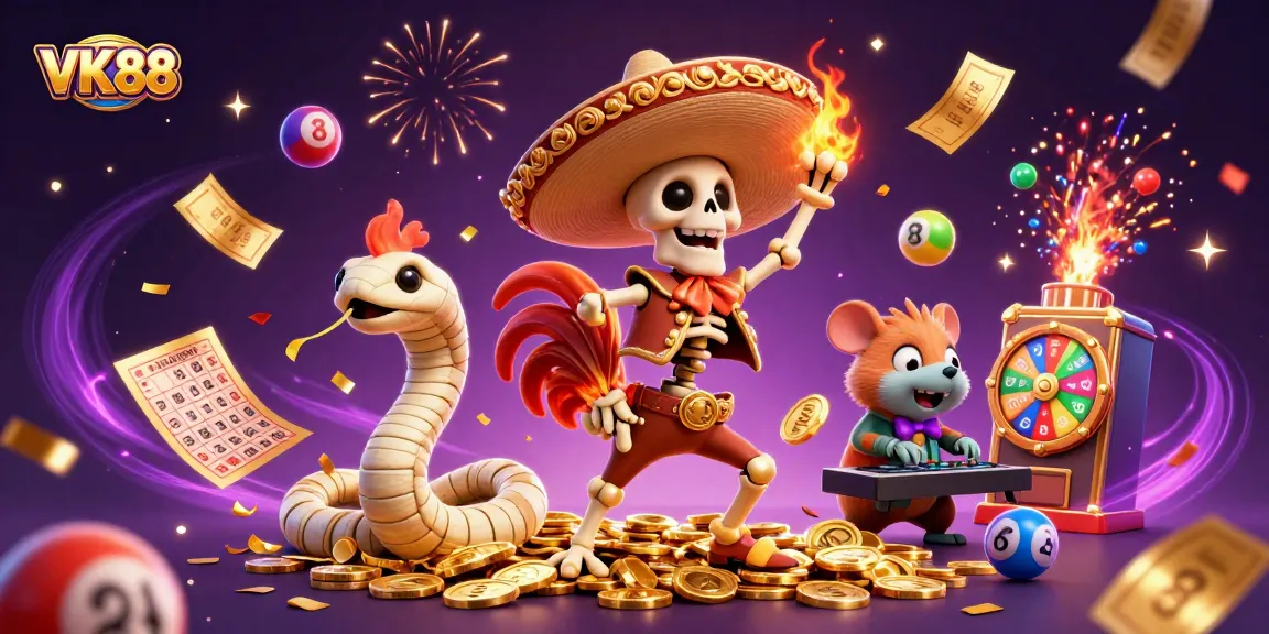 Celebrate wins at VK88 with vibrant lottery balls and a lively casino atmosphere.