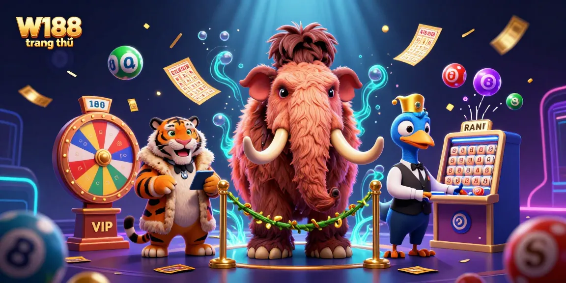 Experience the vibrant excitement of W188 trang chủ with dynamic lottery elements and casino characters.
