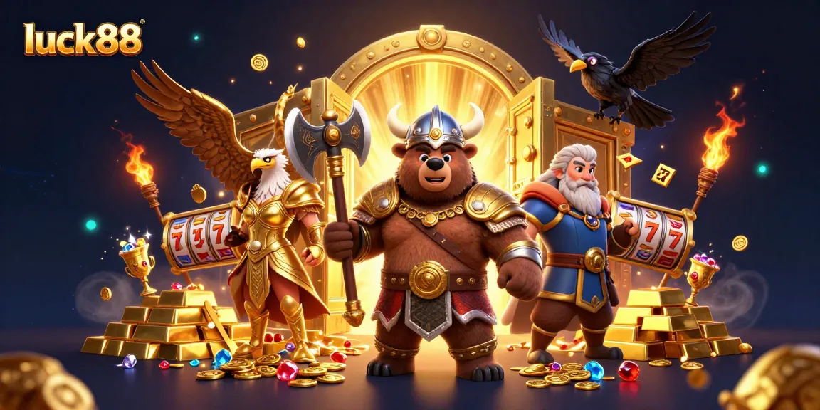 Experience luck88 with a thrilling Viking bear and Valkyrie in a gold-filled casino scene.