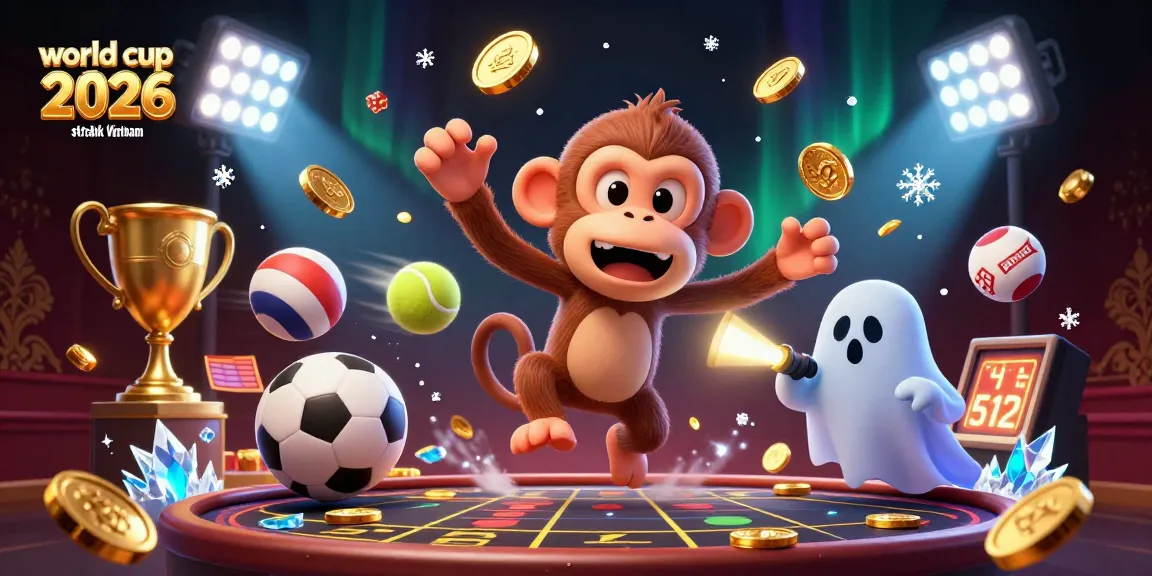 Engage with the world cup 2026 stream link Vietnam showcasing a playful poltergeist monkey and ghost-hunter puppy in a bustling casino.