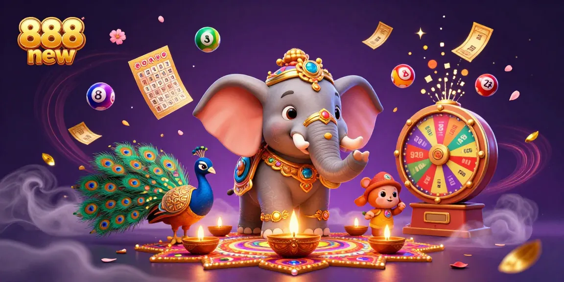 Experience the thrill of gaming with 888 new’s vibrant Diwali elephant and peacock, surrounded by lively lottery elements.