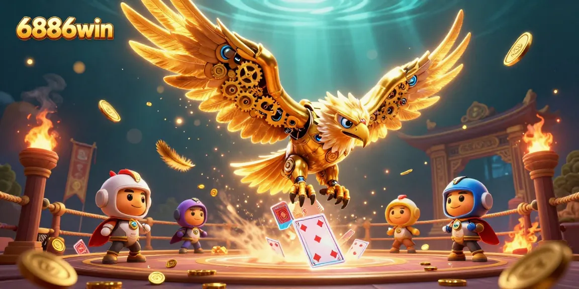 Experience thrilling gameplay at 6886win with a 3D cartoon cybernetic golden eagle amidst colorful holographic cards.
