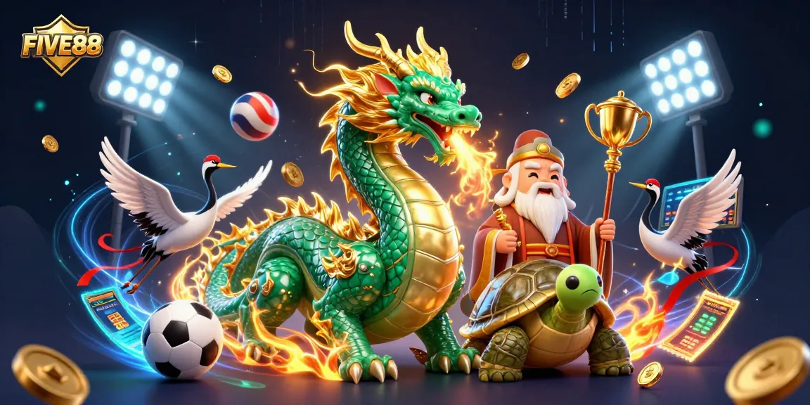 Experience the excitement of FIVE88 with a vibrant 3D casino scene featuring a jade dragon and lucky cranes.