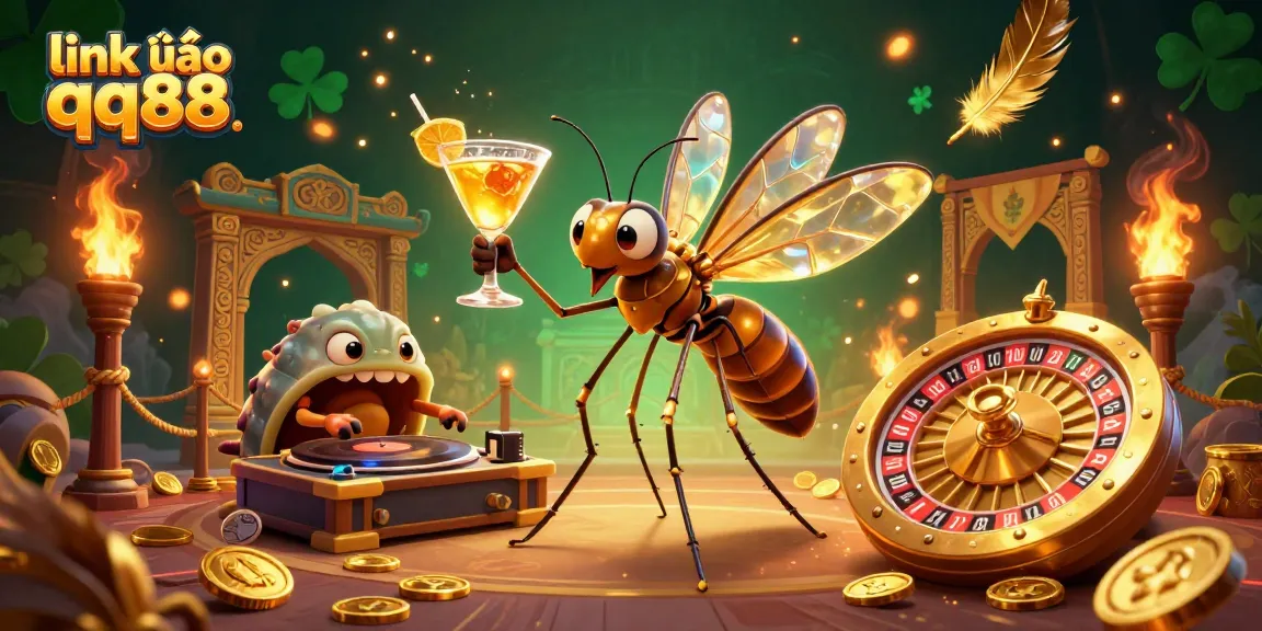 Engage with thrilling games at link vào qq88 featuring a vibrant casino scene with playful characters and dazzling elements.