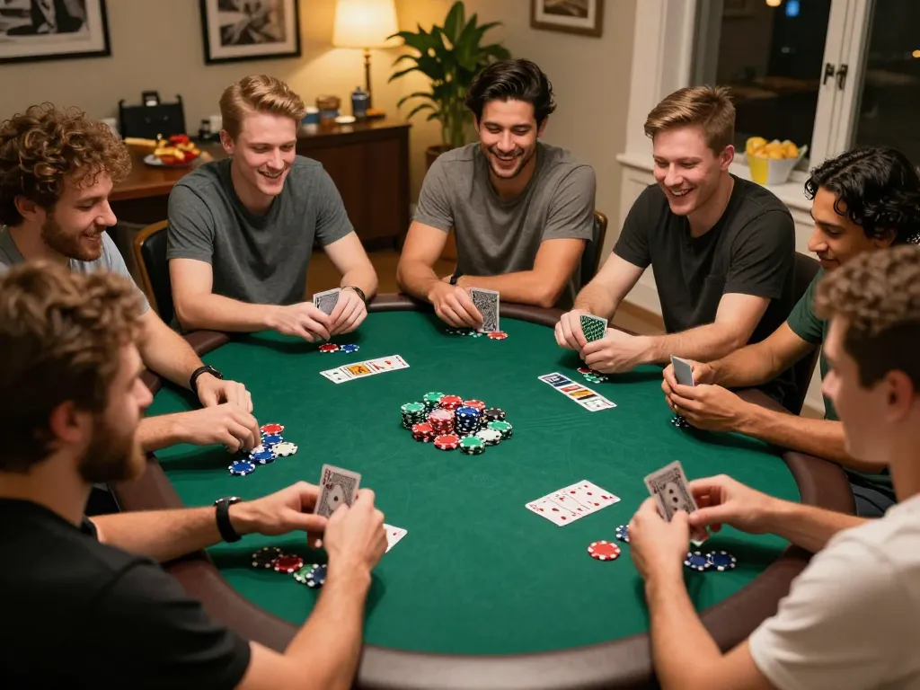 Engaging poker night scene at home with friends enjoying FUN 79 gameplay, vibrant atmosphere and snacks visible.