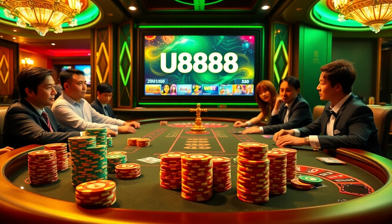 Exciting poker game scene with players and U8888 branding enhancing the casino atmosphere.