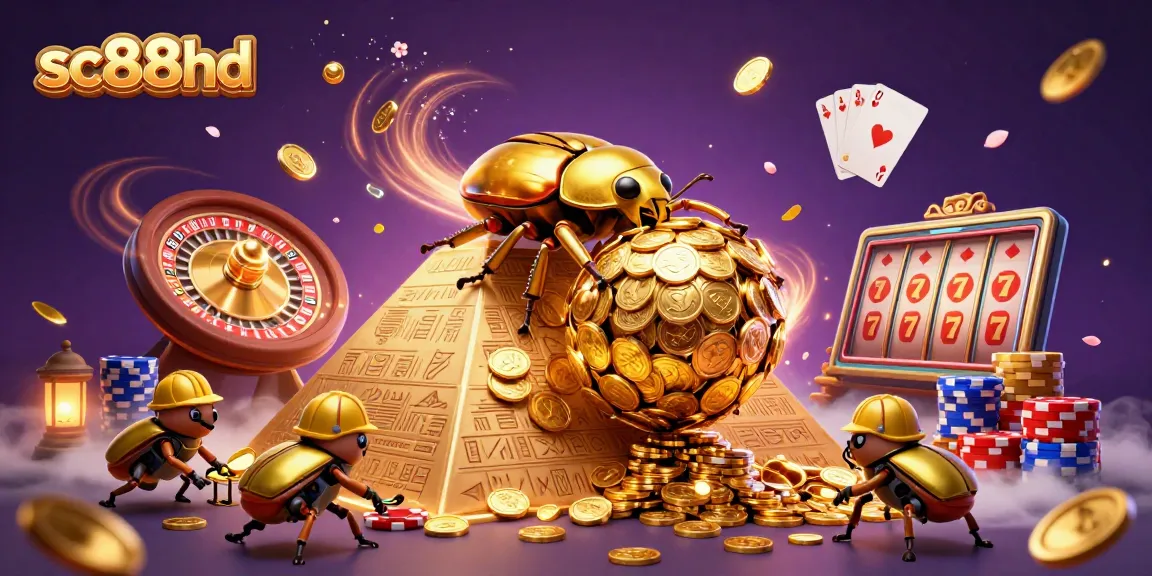 Experience sc88hd with an artistic depiction of cartoon beetles and casino elements.
