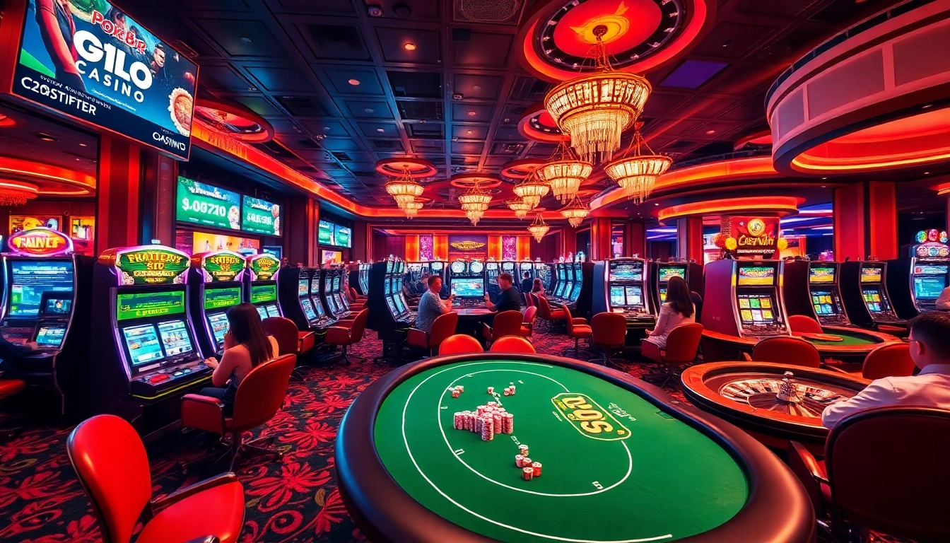 Exciting casino action at GK 88 Casino, showcasing players at tables and slot machines.