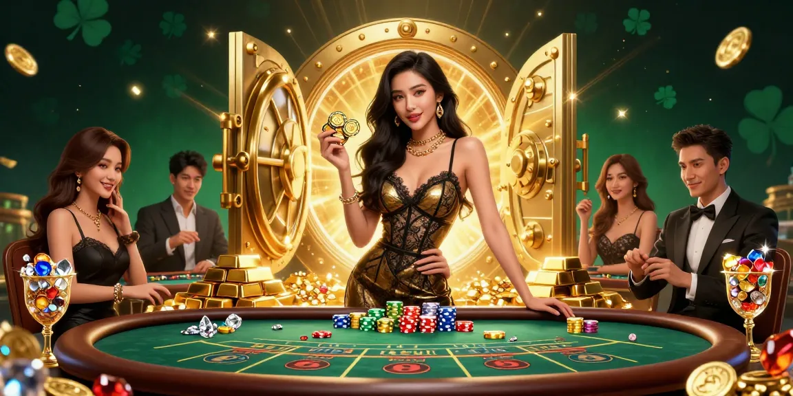 Experience high-stakes excitement at hitclub with a glamorous woman at a VIP baccarat table surrounded by treasures.