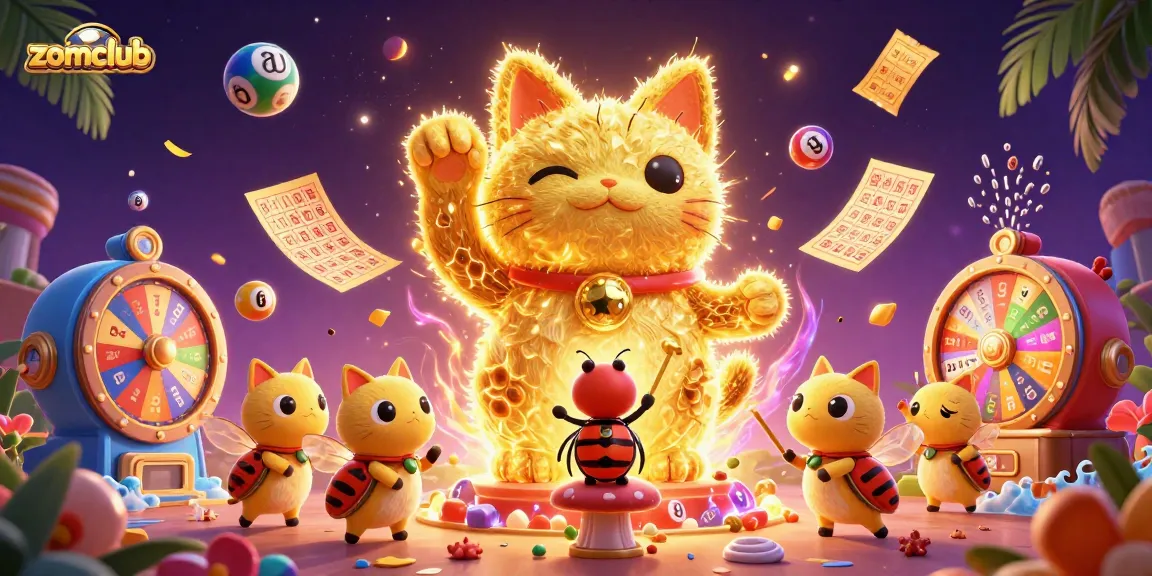 Engage with the Zomclub experience featuring a golden lucky cat amid vibrant casino elements for ultimate excitement.