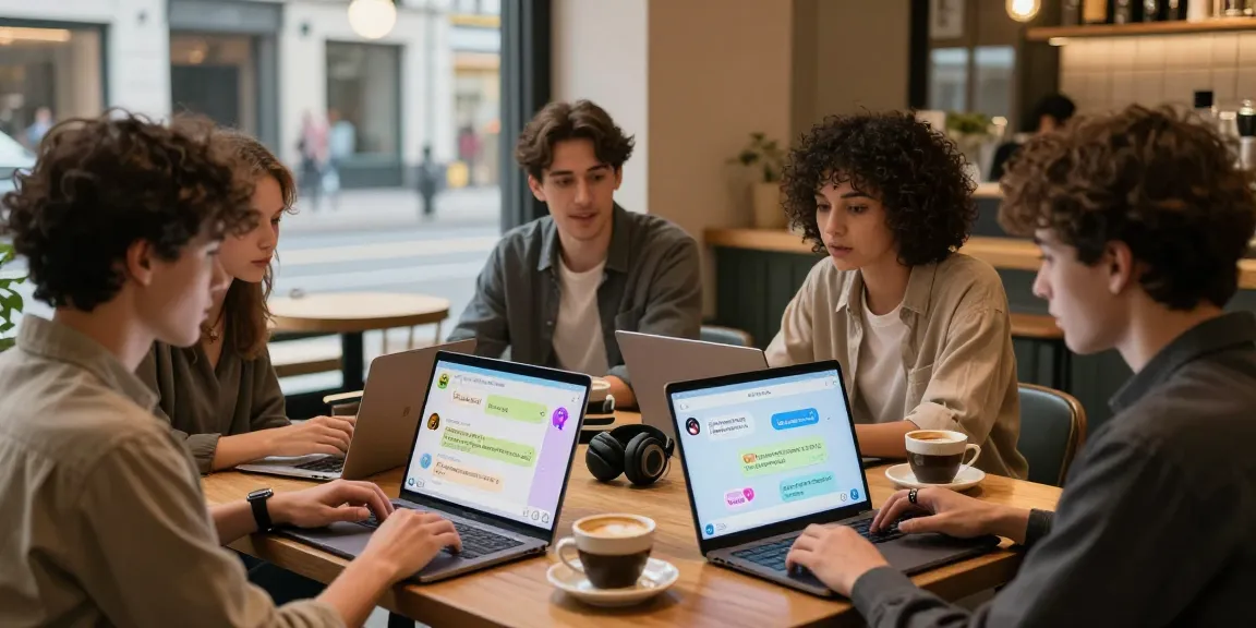 Engaging users interacting with an NSFW chat bot in a cozy café.
