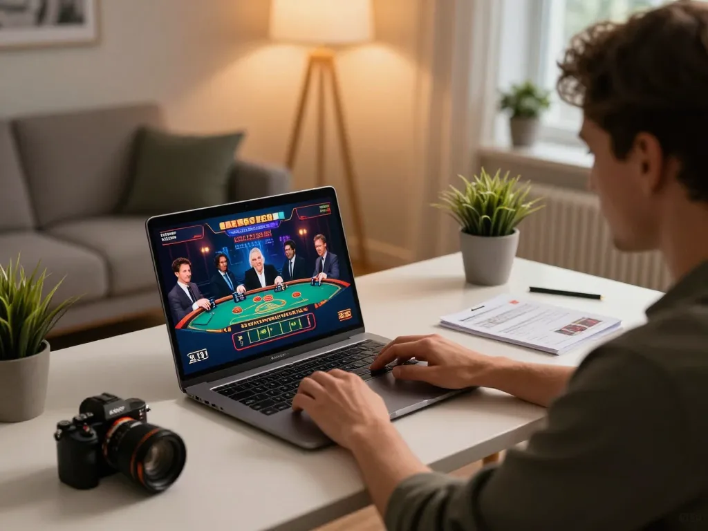 Player engaging in live casino gaming on vu88 platform, showcasing a mobile betting experience in a modern home setup.